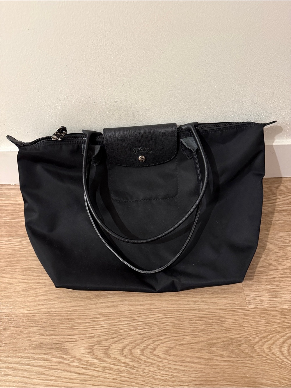 Longchamp Black Nylon Tote with Leather Trim